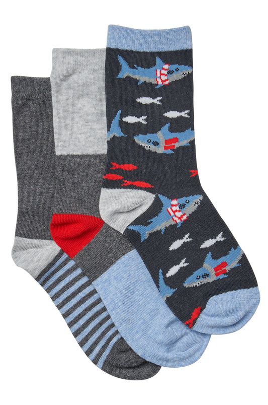 Simon de Winter 3 Pack Kids Shark Crew Socks in Multi Colours