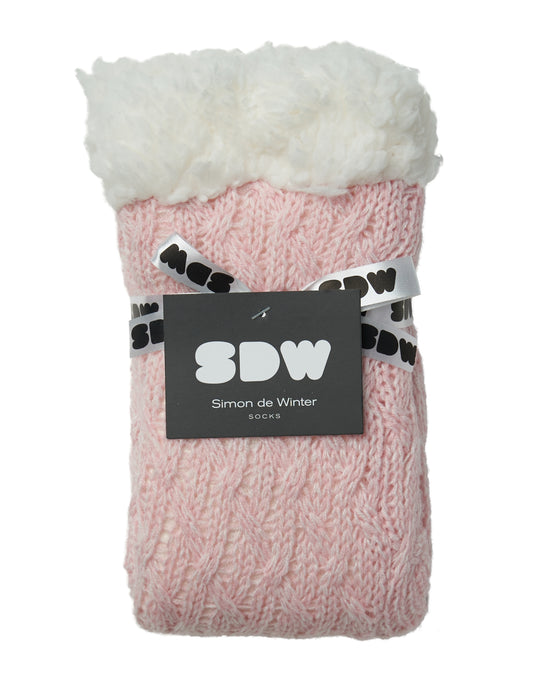 Simon de Winter Women's Sherpa Lined Cable Home Socks in Soft Pink