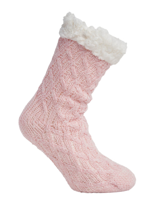 Side of Simon de Winter Women's Sherpa Lined Cable Home Socks in Soft Pink